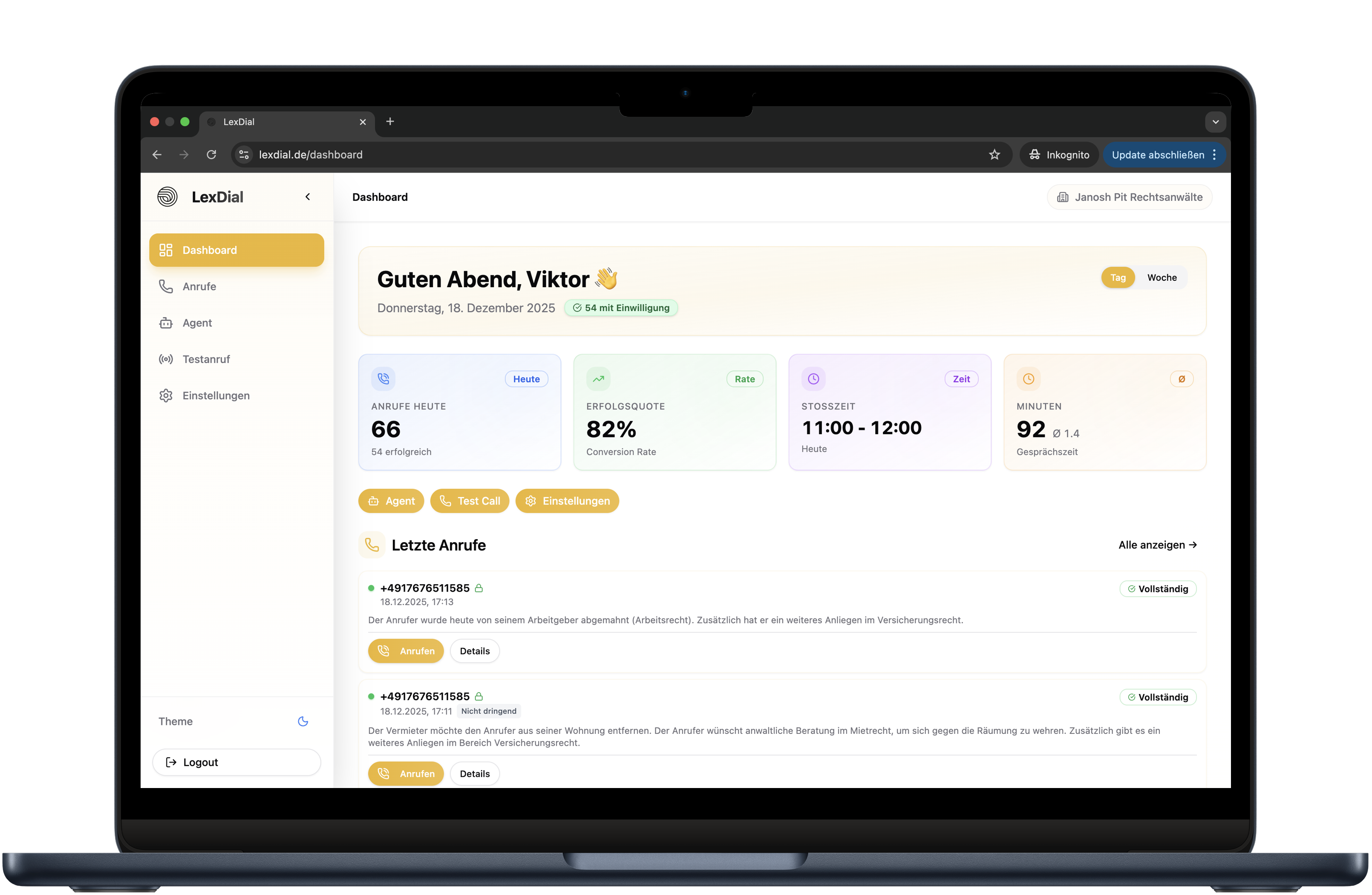LexDial KI-Telefonassistent Software für Kanzleien - 24/7 Mandantenbetreuung Dashboard