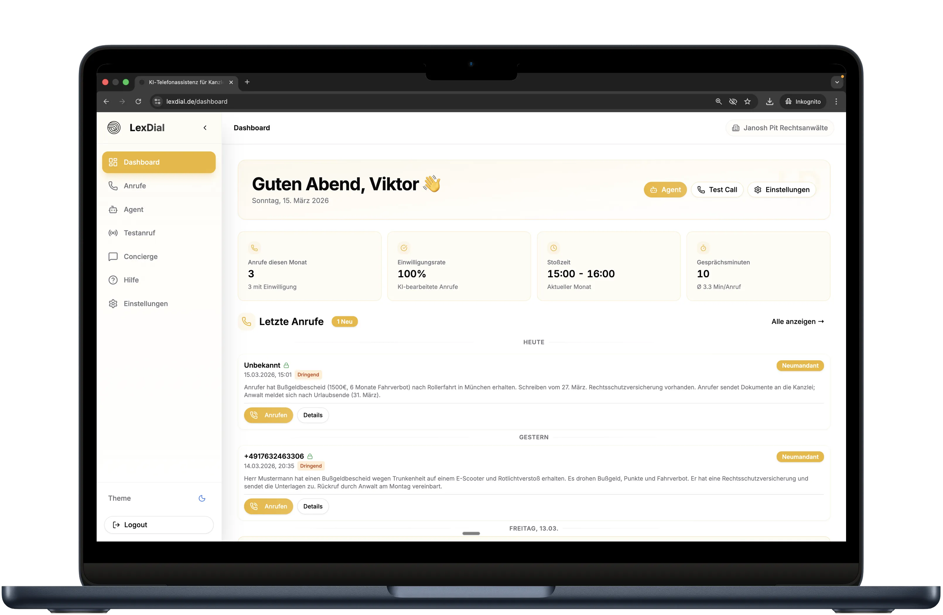 LexDial Dashboard — Anrufübersicht mit Dringlichkeitsbewertung und Fallzusammenfassungen